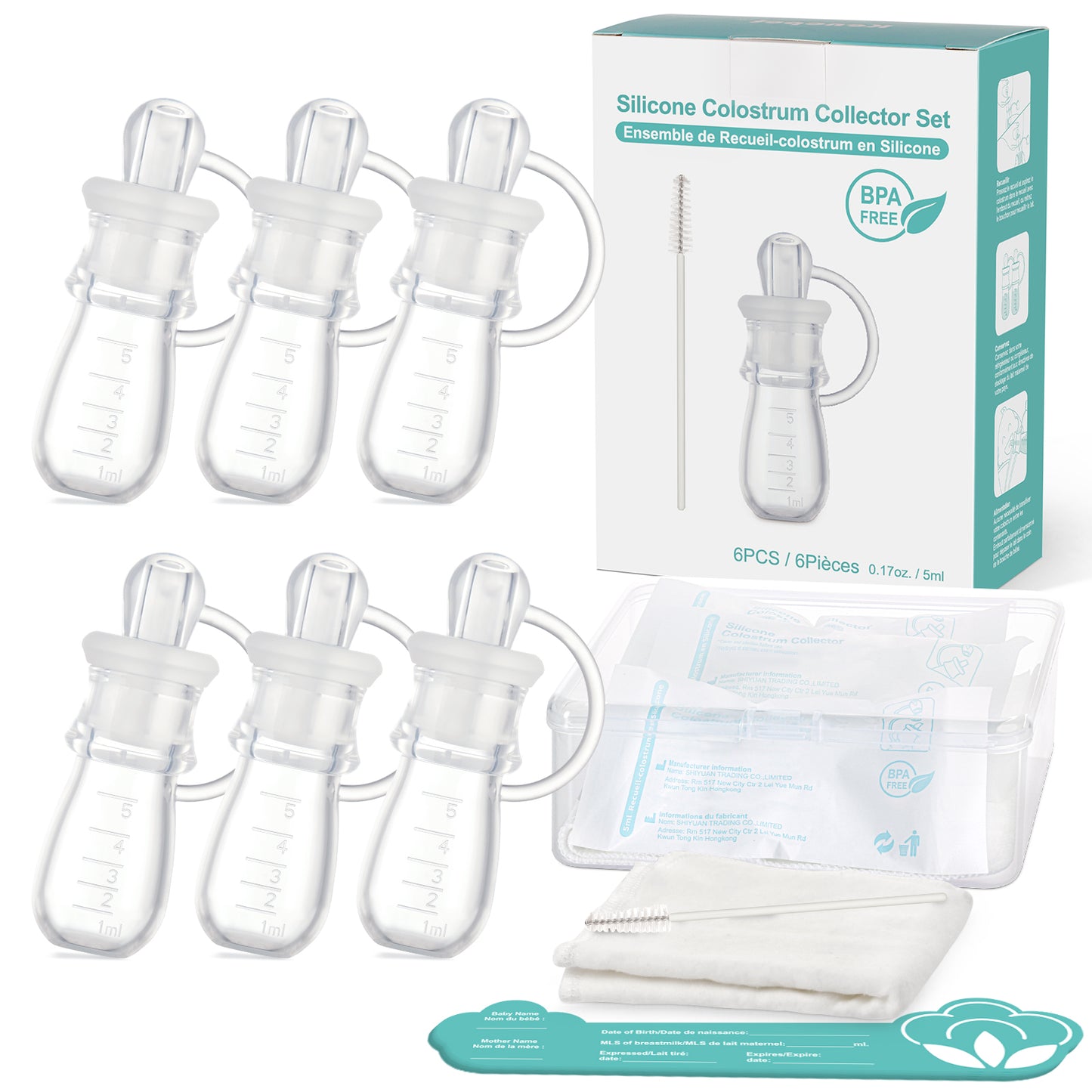 Colostrum Collector Kit 5ml-6pcs, Ready-to-Use Pack, Reusable Breast Milk Collector Multi-Use Colostrum Container with Storage Case, Cotton Wipe & Cleaning Brush, BPA Free