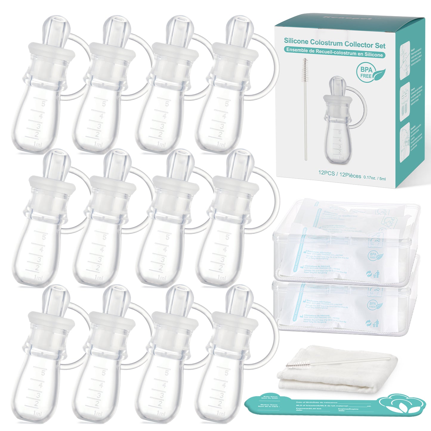Colostrum Collector Kit 5ml-6pcs, Ready-to-Use Pack, Reusable Breast Milk Collector Multi-Use Colostrum Container with Storage Case, Cotton Wipe & Cleaning Brush, BPA Free
